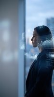 Professional businesswoman analyzing financial data with digital charts and graphs overlay in modern office environment for business analytics presentations.