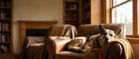 German Shepherd dog resting on a leather armchair in a cozy living room with warm sunlight, bookshelves, and a fireplace in the background.