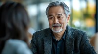 Senior Asian man with gray hair and beard wearing dark sweater smiling warmly during business conversation in modern office setting with blurred background.