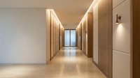 Modern minimalist hallway with warm wood paneling and LED strip lighting creating elegant architectural interior design for luxury residential space.