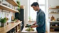 Young man preparing healthy meal in modern kitchen with wooden countertops and open shelving, cooking fresh vegetables for nutritious home dining.