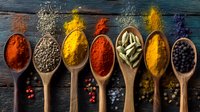 Colorful spices and herbs in wooden spoons arranged on rustic dark wooden background, showcasing vibrant culinary ingredients for cooking.