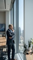 Thoughtful middle-aged Caucasian businessman in dark suit standing by floor-to-ceiling windows in modern office, contemplating city skyline view.