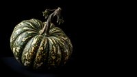 Striped green and gold pumpkin with stem isolated on black background, suitable for autumn harvest designs, fall decorations, and seasonal marketing materials.