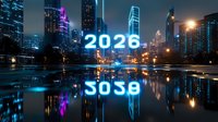 Futuristic cityscape with neon 2026 number reflection in water, modern skyscrapers illuminated at night with vibrant blue lights creating mirror effect in urban lake.