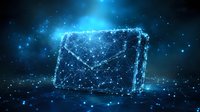 Digital envelope symbol made of glowing polygonal mesh on dark background with blue particles and connection lines, representing secure electronic mail communication.