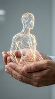 Glowing neon human figure held in male hands against neutral background, representing healthcare, wellness, technology, and medical innovation concepts for business presentations.