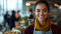 Young mixed race female chef wearing yellow scarf and burgundy sweater smiling in restaurant kitchen, displaying genuine warmth and professionalism during food service.