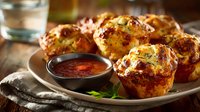 Savory cheese and herb muffins served on rustic plate with spicy tomato dipping sauce, perfect for appetizers or brunch gatherings.