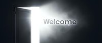 Open door with bright light and smoke in dark room, welcome text glowing, symbolizing new opportunity, invitation, and hope.