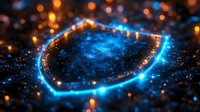 Glowing blue shield shape with magical sparkles and orange bokeh lights on dark background creates mystical protective barrier effect.