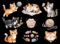 Playful kittens and cat-themed design elements isolated on transparent background, ready for t-shirts, stickers, clipart, sublimation and print-on-demand projects.