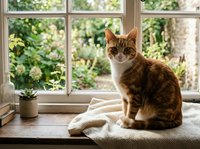 Ginger tabby cat sitting on a windowsill with a cozy blanket, green garden view, and small houseplant in warm natural light.