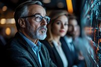 Mature Caucasian businessman with gray beard and glasses analyzing digital data with young colleagues in modern office environment. Dark moody lighting.