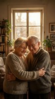 Happy elderly Caucasian couple embracing in cozy home interior with warm sunlight streaming through window creating intimate moment of love and togetherness.