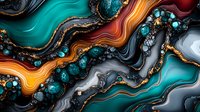 Luxurious abstract fluid art with turquoise, orange and gold swirls creating dynamic waves and marble effect. Elegant design with precious stones texture for luxury decor.