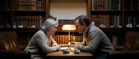 Senior Caucasian couple enjoying intimate conversation over coffee in elegant home library with warm lighting and classic book collection atmosphere.