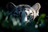 Piercing blue eyes of white tiger peek through dark foliage, creating dramatic wildlife portrait with intense gaze and partial face view against black background.