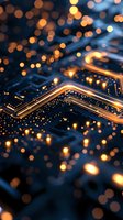 Glowing circuit board with golden light traces and bokeh effects on dark blue background, macro photography showing electronic pathways and connections.