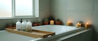 Relaxing spa bathroom with bathtub, candles, and bath accessories creating peaceful wellness atmosphere for self-care and meditation at home.