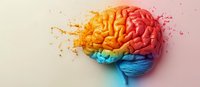 Colorful anatomical brain illustration with creative gradient from warm to cool tones, featuring dissolving particle effect on white background, suitable for medical and creative designs.