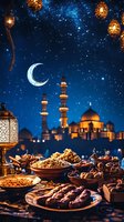 Traditional Ramadan feast with dates, sweets and nuts on decorated table against illuminated mosque silhouette under starry night sky with crescent moon.