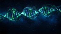 Glowing DNA double helix structure with luminescent genetic code strands floating in deep blue space background for biotechnology and medical research.