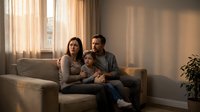 Happy young family with toddler son relaxing together on couch in warm sunlit living room during golden hour creating cozy domestic atmosphere.