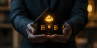 Glowing miniature house held in hands against dark background, warm light shining through windows creates cozy atmosphere. Concept of home protection and real estate.