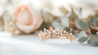 Delicate rose gold bridal tiara with crystal flowers and pearls, surrounded by soft pink roses and eucalyptus leaves on white background.
