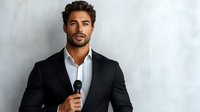 Confident Hispanic male professional in black suit jacket and white shirt holding microphone against light background, portraying leadership and public speaking.