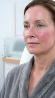 Middle-aged Caucasian woman with facial redness and irritated skin condition in bathroom setting wearing gray robe for dermatology and skincare concepts.