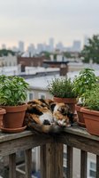 Calico cat resting on wooden rooftop railing surrounded by potted herbs with urban skyline in soft focus background, suitable for lifestyle and pet content.