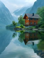 Wooden cabin on tranquil fjord shore with perfect reflection in calm water, surrounded by majestic mountains and morning mist.
