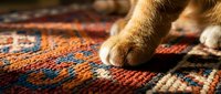 Close-up of cat paws on colorful woven carpet or rug with orange and blue pattern, suitable for pet care, home decor, and lifestyle content.