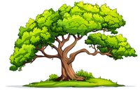 Cartoon-style large green tree with twisted brown trunk standing alone on grassy hill, suitable for children's book illustrations or environmental themes.