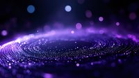 Glowing purple and blue particles form spiral waves against dark background with bokeh light effects, creating magical cosmic atmosphere.