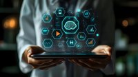 Digital brain interface emerging from tablet device with glowing cyan icons and analytics symbols, showcasing artificial intelligence and machine learning technology advancement.