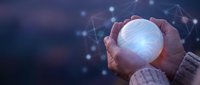 Hands holding glowing sphere with digital network connections, representing global technology, innovation, data connectivity, and future business solutions.
