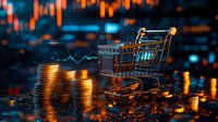 Shopping cart near stacks of coins with financial chart and blurred trading data background, representing retail market analysis and consumer behavior trends.