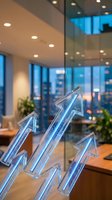 Neon glowing upward arrows symbolizing growth and success in modern office setting with city skyline view through windows, representing business progress and financial advancement.