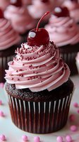 Chocolate cupcake with swirled pink buttercream frosting topped with red maraschino cherry and pink sprinkles on dark brown paper wrapper. Close-up food photography.