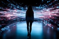 Woman with long hair standing in cosmic tunnel with glowing red and blue light particles creating futuristic space effect, back view on dark background.