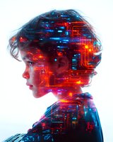 Profile silhouette merged with glowing circuit patterns in red and blue neon colors showing technological integration with human consciousness and artificial intelligence.