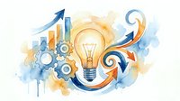 Creative business innovation concept with lightbulb, gears and arrows on watercolor background for startup growth and strategic planning solutions.