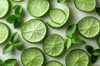 Fresh lime slices with mint leaves and water drops on light background, top view. Natural citrus pattern for cocktails and beverages.