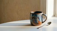 Handcrafted ceramic mug with colorful glazed finish sits on white table beside silver spoon in warm natural sunlight streaming through window.