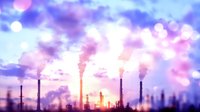 Industrial factory chimneys emitting smoke against purple and pink sunset sky with bokeh lights, atmospheric pollution and environmental impact concept.