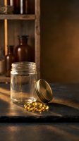 Open glass jar with golden lid and omega-3 fish oil capsules spilled on wooden surface in warm apothecary setting for health and wellness supplement storage.