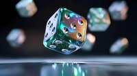 Translucent green and purple dice floating above reflective surface with blurred dice in background creates magical gaming atmosphere. Macro photography.